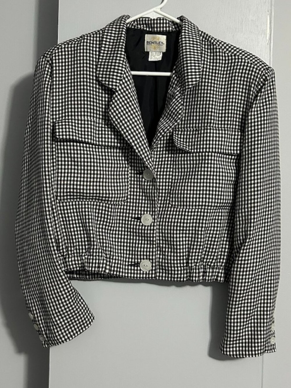 Bentley Vintage Black/White Gingham Cropped Elastic Hem Jacket Junior's 11/12P